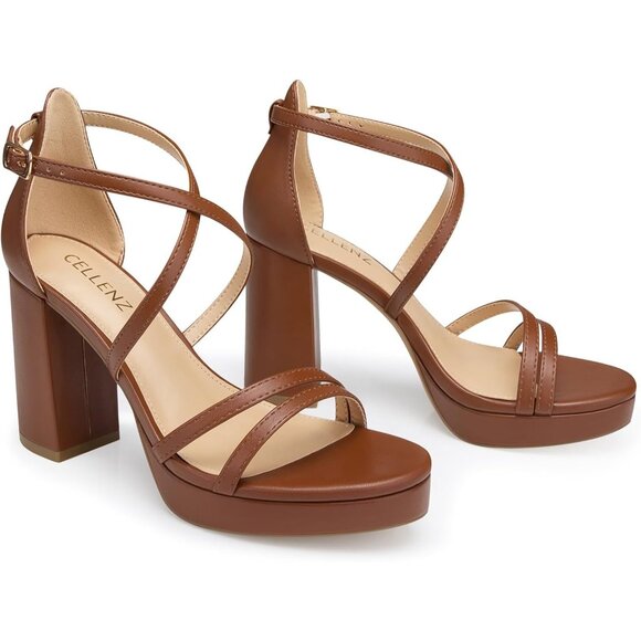 Women's Brown Sandal Stylish Comfortable Chunky Blocked Strappy Heel Shoe - Picture 3 of 5